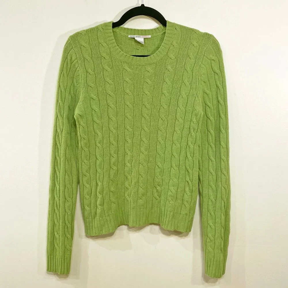 Vintage 100% Cashmere Cable Knit Sweater Lime Green Large EUC